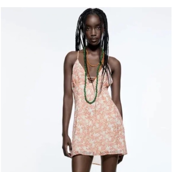 Zara Floral Print Lined Mini Slip Dress | Size M Peach Pink Summer Sundress - Picture 8 of 16